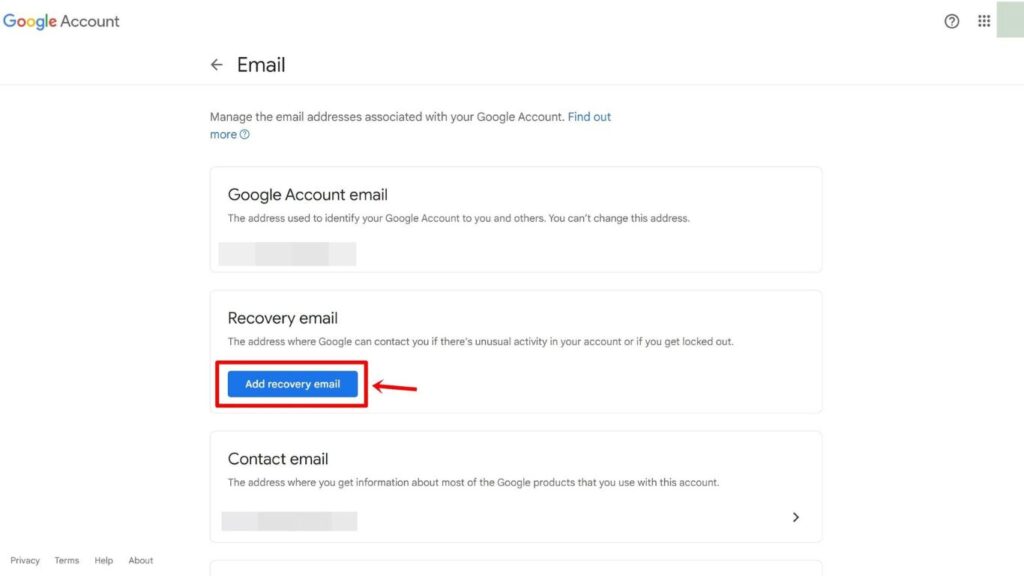 Configure recovery the email address